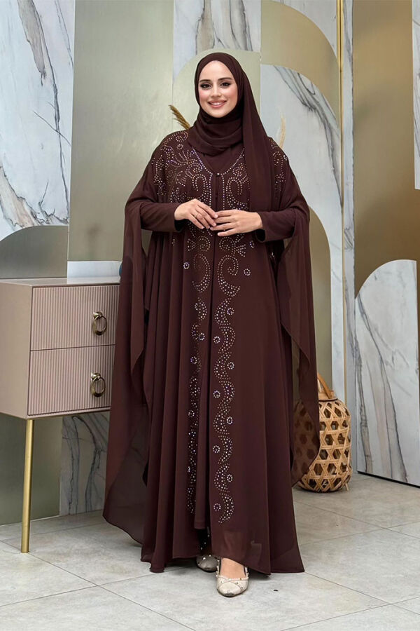 Stone Embroidered Chiffon Bat Sleeve Cape Dress Evening Dress Suit 3776 Brown - 1