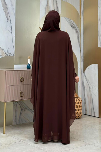 Stone Embroidered Chiffon Bat Sleeve Cape Dress Evening Dress Suit 3776 Brown - 2