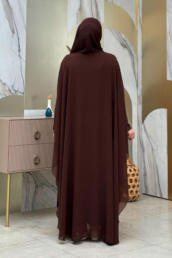 Stone Embroidered Chiffon Bat Sleeve Cape Dress Evening Dress Suit 3776 Brown - 2