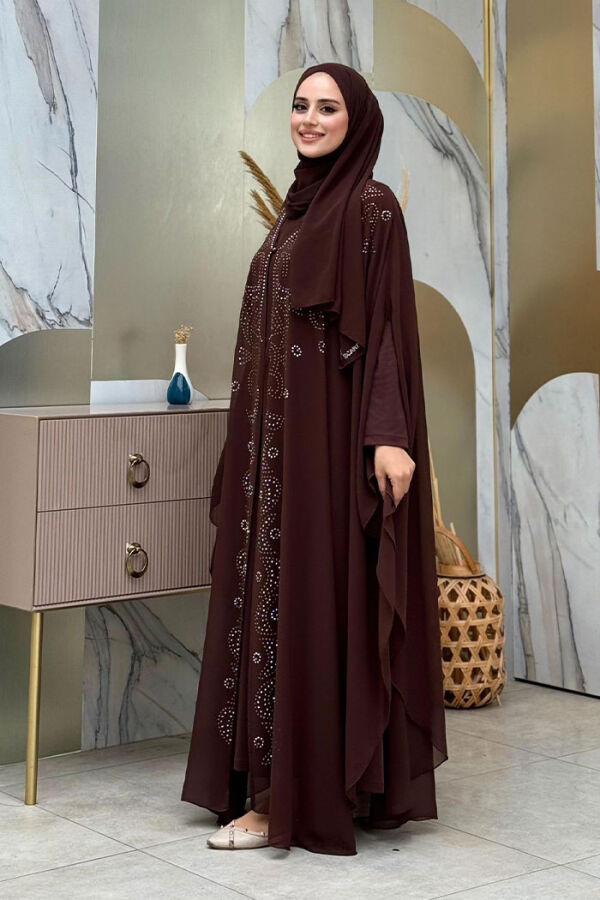 Stone Embroidered Chiffon Bat Sleeve Cape Dress Evening Dress Suit 3776 Brown - 3