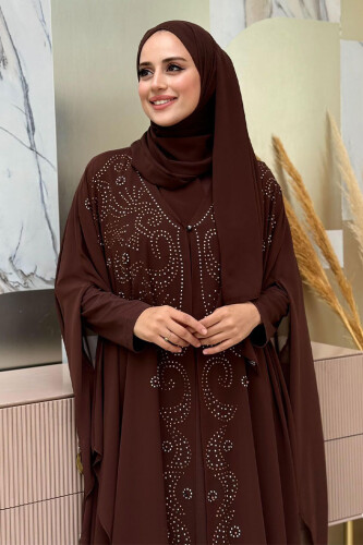 Stone Embroidered Chiffon Bat Sleeve Cape Dress Evening Dress Suit 3776 Brown - 4