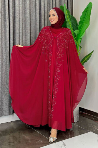 Stone Embroidered Chiffon Bat Sleeve Cloak Dress Evening Dress Suit 3776 Claret Red 