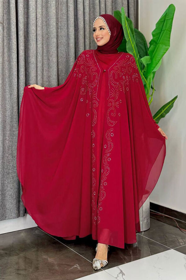 Stone Embroidered Chiffon Bat Sleeve Cloak Dress Evening Dress Suit 3776 Claret Red - 1