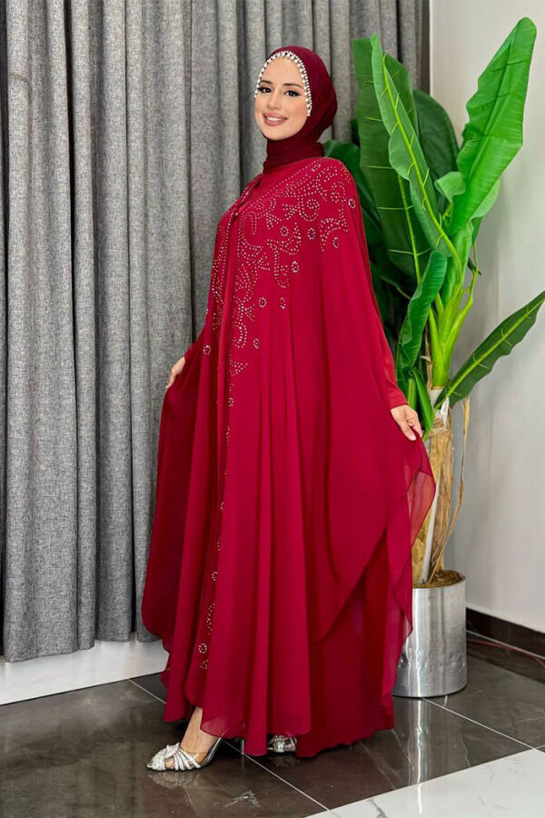 Stone Embroidered Chiffon Bat Sleeve Cloak Dress Evening Dress Suit 3776 Claret Red - 2