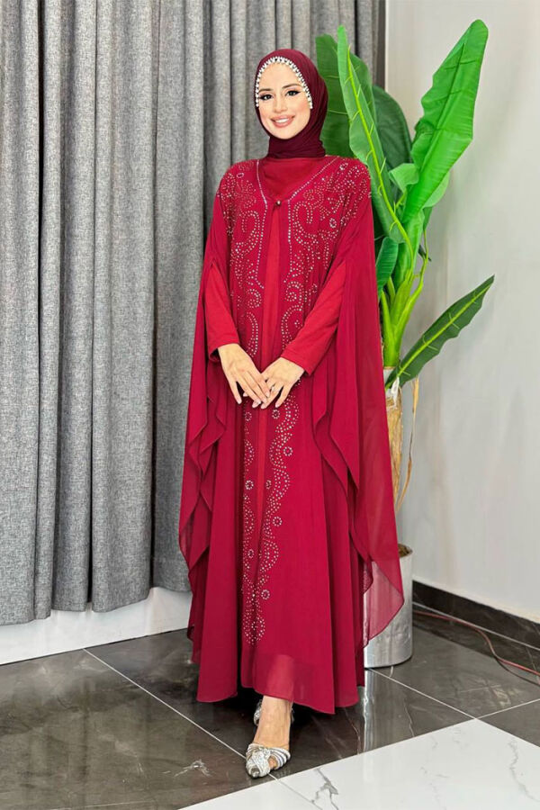 Stone Embroidered Chiffon Bat Sleeve Cloak Dress Evening Dress Suit 3776 Claret Red - 3