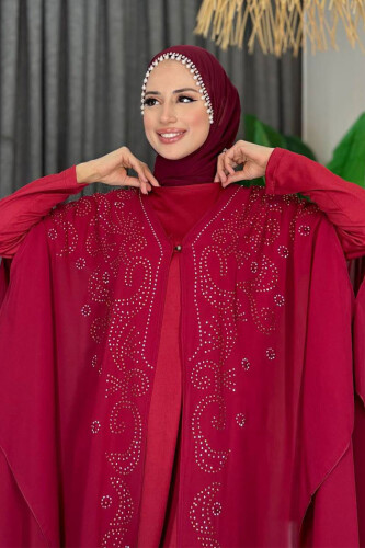 Stone Embroidered Chiffon Bat Sleeve Cloak Dress Evening Dress Suit 3776 Claret Red - 4