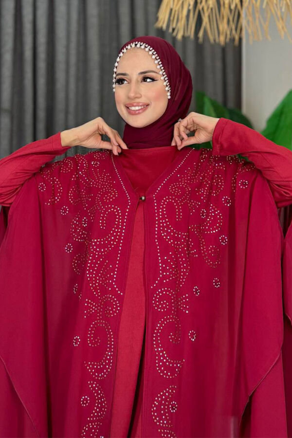 Stone Embroidered Chiffon Bat Sleeve Cloak Dress Evening Dress Suit 3776 Claret Red - 4