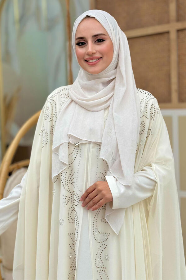 مطرزة بأحجار شيفون بأكمام الخفافيش عباءة فستان سهرة بدلة 3776 بيج فاتح - 4