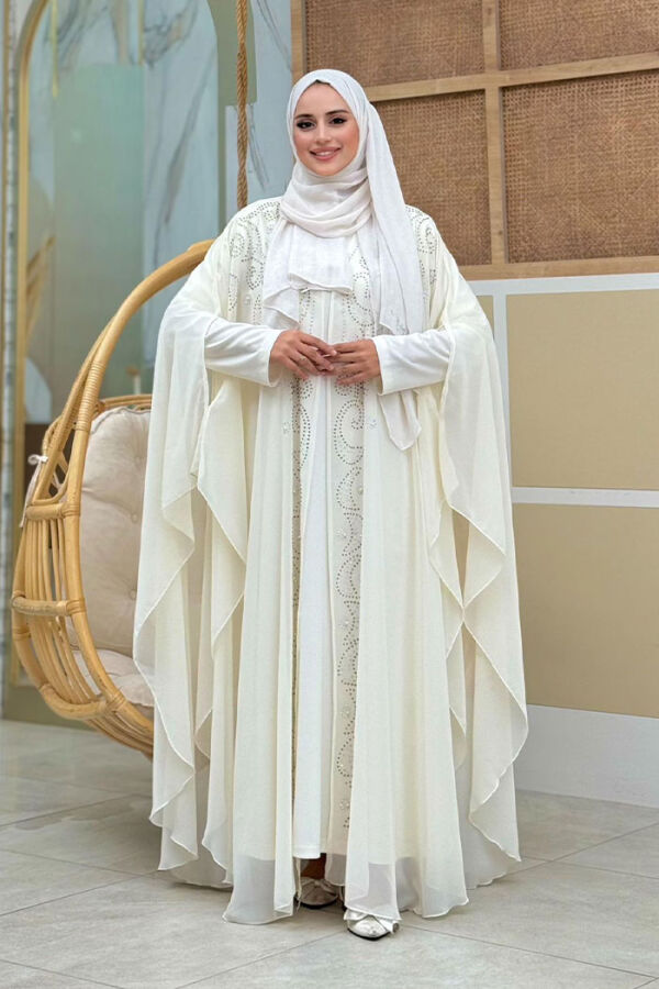 Stone Embroidered Chiffon Bat Sleeve Cloak Dress Evening Dress Suit 3776 Ecru - 1