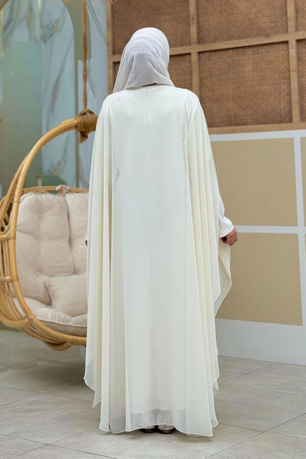 Stone Embroidered Chiffon Bat Sleeve Cloak Dress Evening Dress Suit 3776 Ecru - 2