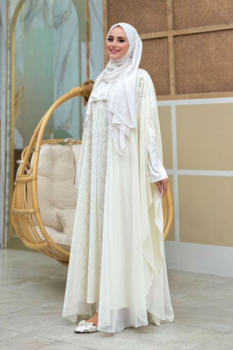 Stone Embroidered Chiffon Bat Sleeve Cloak Dress Evening Dress Suit 3776 Ecru - 3