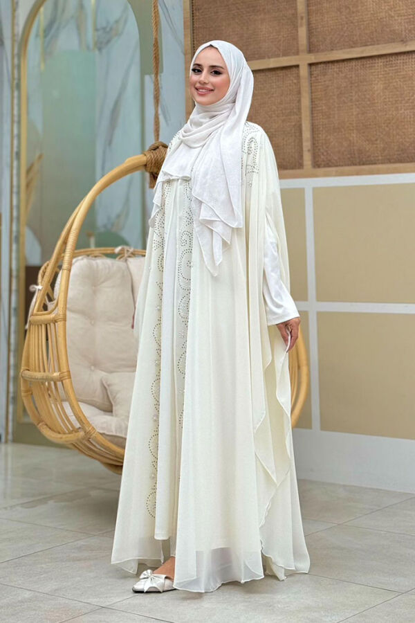Stone Embroidered Chiffon Bat Sleeve Cloak Dress Evening Dress Suit 3776 Ecru - 3