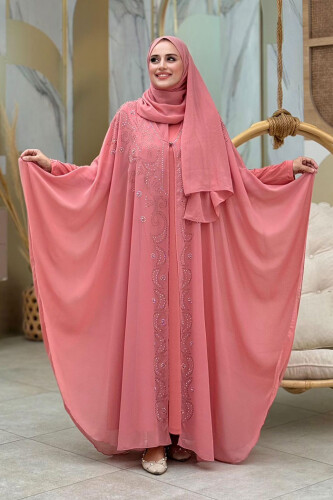 Stone Embroidered Chiffon Bat Sleeve Cloak Dress Evening Dress Suit 3776 Powder 