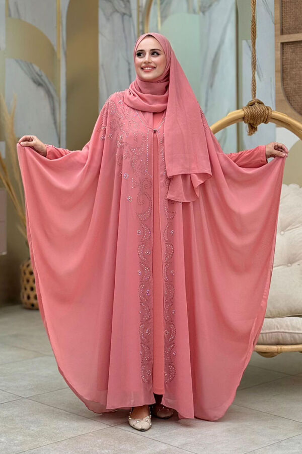 Stone Embroidered Chiffon Bat Sleeve Cloak Dress Evening Dress Suit 3776 Powder - 1
