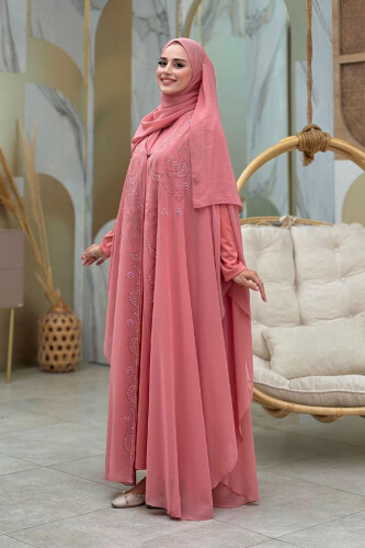 Stone Embroidered Chiffon Bat Sleeve Cloak Dress Evening Dress Suit 3776 Powder - 2