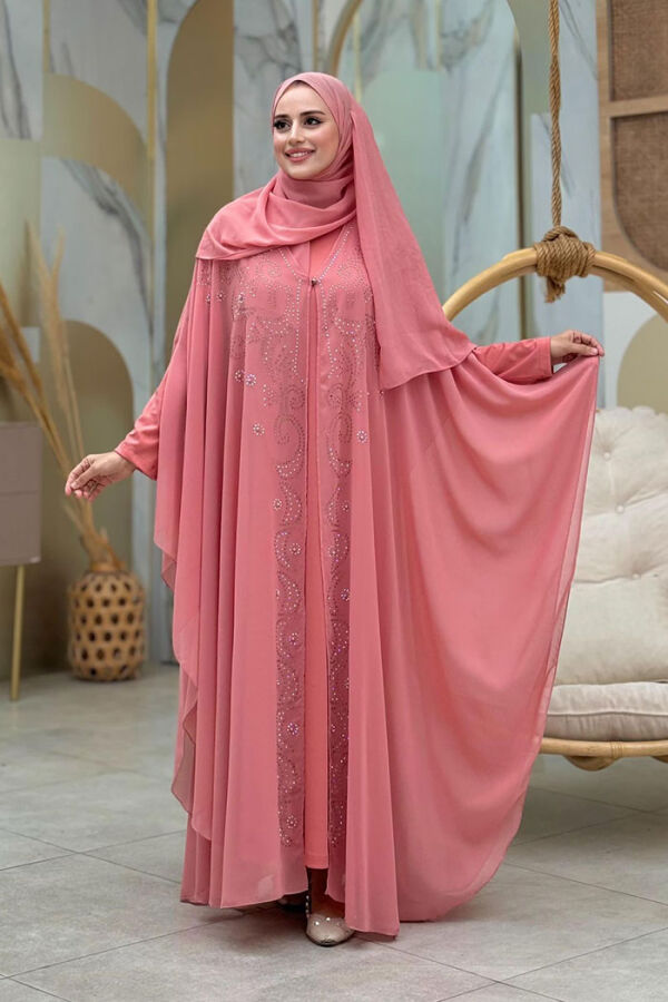 Stone Embroidered Chiffon Bat Sleeve Cloak Dress Evening Dress Suit 3776 Powder - 3