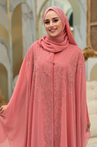 Stone Embroidered Chiffon Bat Sleeve Cloak Dress Evening Dress Suit 3776 Powder - 4