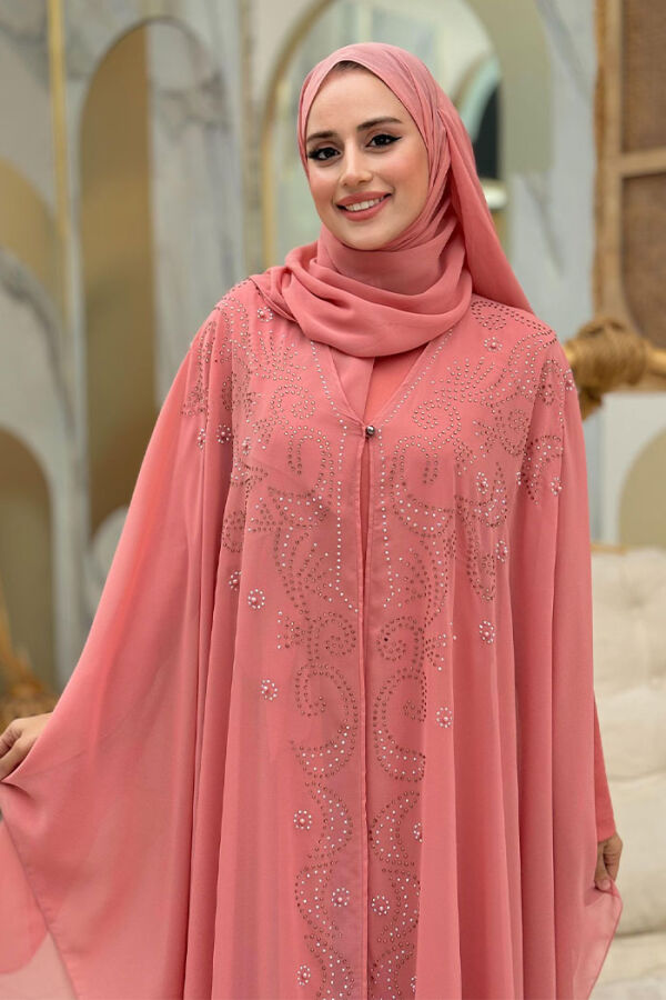 Stone Embroidered Chiffon Bat Sleeve Cloak Dress Evening Dress Suit 3776 Powder - 4