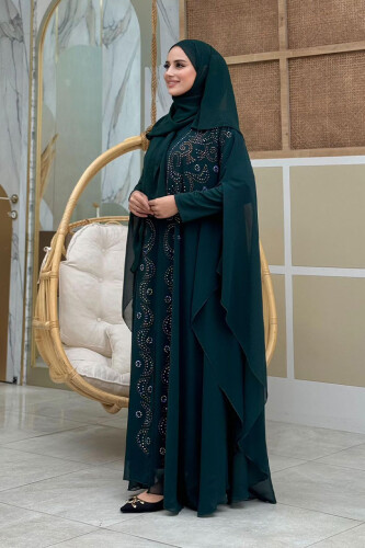 Steinbesticktes Chiffon-Umhangkleid mit Fledermausärmeln, Abendkleid, Anzug 3776 Smaragd - 3