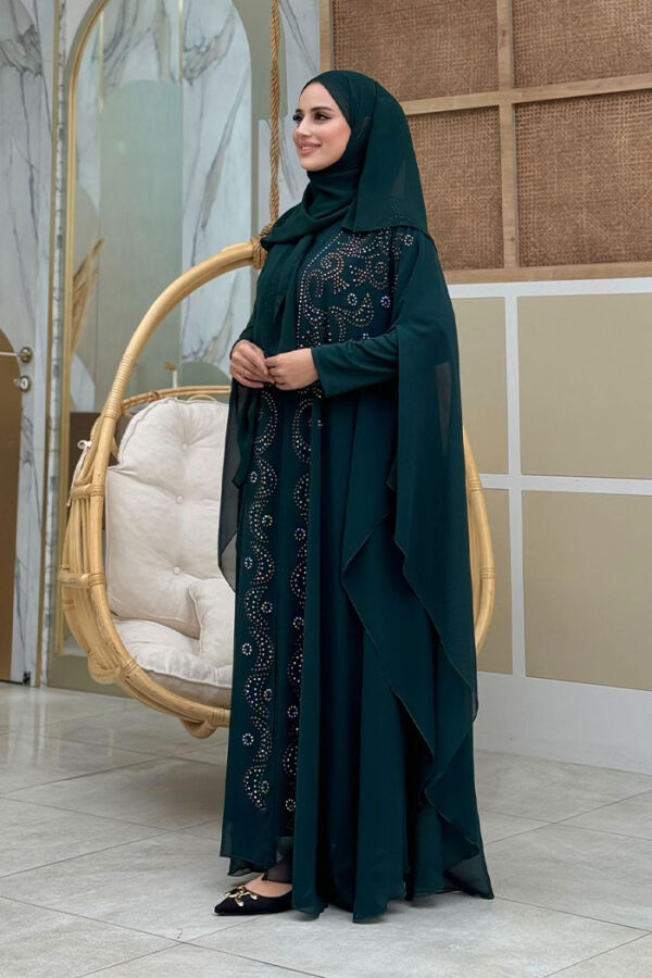 Steinbesticktes Chiffon-Umhangkleid mit Fledermausärmeln, Abendkleid, Anzug 3776 Smaragd - 3