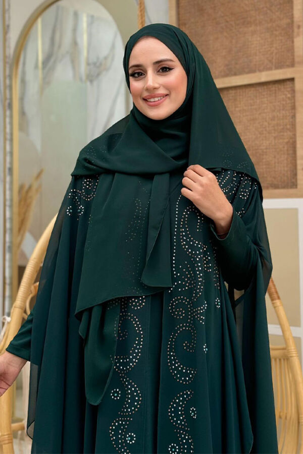 Steinbesticktes Chiffon-Umhangkleid mit Fledermausärmeln, Abendkleid, Anzug 3776 Smaragd - 4