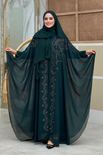 Stone Embroidered Chiffon Bat Sleeve Cloak Dress Evening Dress Suit 3776 Emerald 