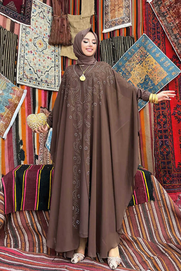 Taş İşlemelii Şifon Yarasakol Pelerin Elbise Abiye Takım 3776 Kahverengi - 1