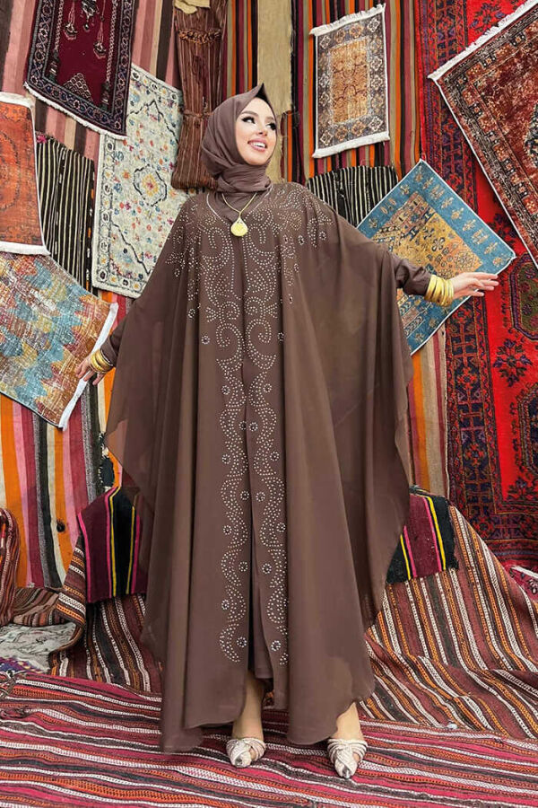 Taş İşlemelii Şifon Yarasakol Pelerin Elbise Abiye Takım 3776 Kahverengi - 3