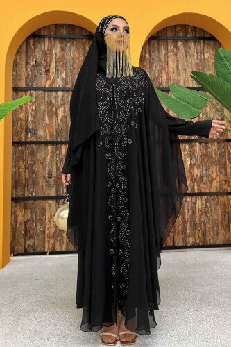 Taş İşlemelii Şifon Yarasakol Pelerin Elbise Abiye Takım 3776 Siyah 