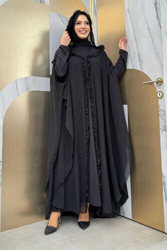 Kapişonlu Belirli Kısımları Fırfır Detaylı Abayalı Elbise Abiye Takım 3778 Siyah - 1