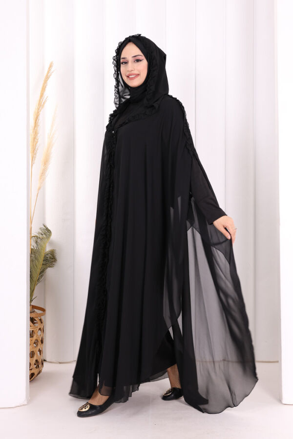Kapişonlu Belirli Kısımları Fırfır Detaylı Abayalı Elbise Takım 3778 Siyah - 3