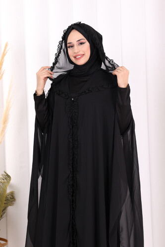 Kapişonlu Belirli Kısımları Fırfır Detaylı Abayalı Elbise Takım 3778 Siyah - 5