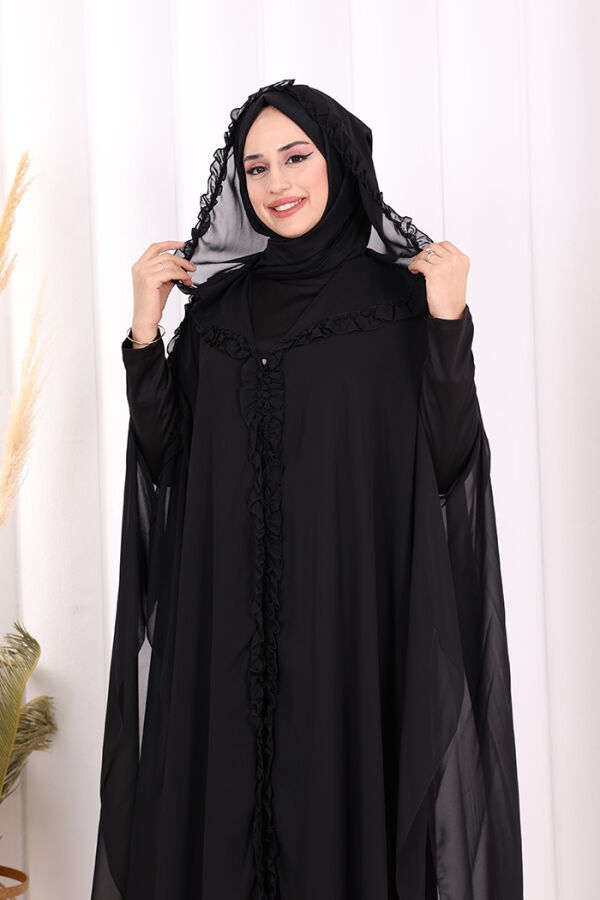 Kapişonlu Belirli Kısımları Fırfır Detaylı Abayalı Elbise Takım 3778 Siyah - 5