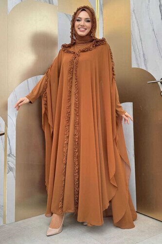 Kapişonlu Belirli Kısımları Fırfır Detaylı Abayalı Elbise Abiye Takım 3778 Taba 