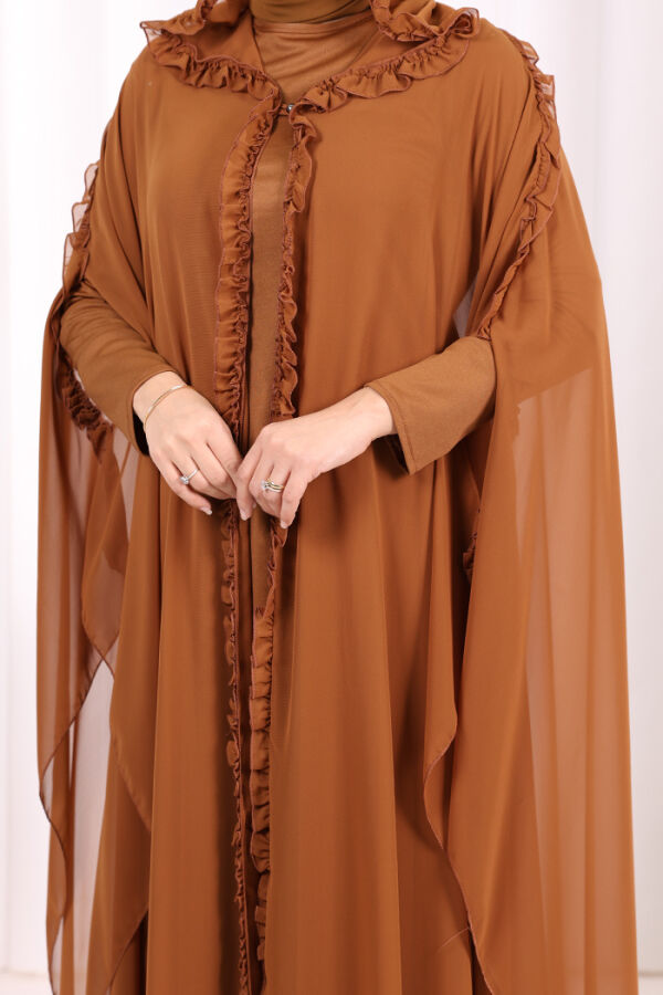 Kapişonlu Abayalı Elbise Takım 3778 Taba - 6