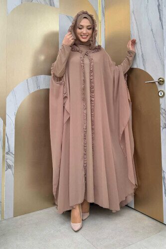 Kapişonlu Belirli Kısımları Fırfır Detaylı Abayalı Elbise Abiye Takım 3778 Vizon - 1
