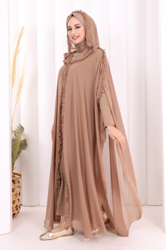 Kapişonlu Abayalı Elbise Takım 3778 Vizon - 3