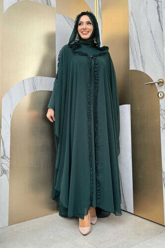 Kapişonlu Belirli Kısımları Fırfır Detaylı Abayalı Elbise Abiye Takım 3778 Zümrüt 