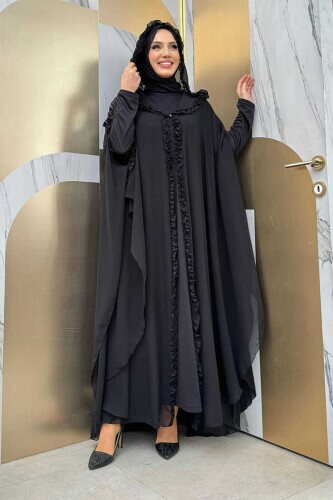 Mit Kapuze, bestimmte Teile, Rüschen, detailliertes Abaya-Kleid, Abendanzug 3778, Schwarz 