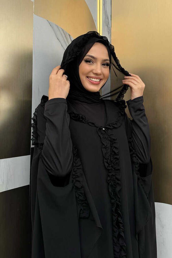 Mit Kapuze, bestimmte Teile, Rüschen, detailliertes Abaya-Kleid, Abendanzug 3778, Schwarz - 4