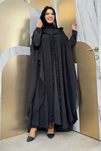 Mit Kapuze, bestimmte Teile, Rüschen, detailliertes Abaya-Kleid, Abendanzug 3778, Schwarz 