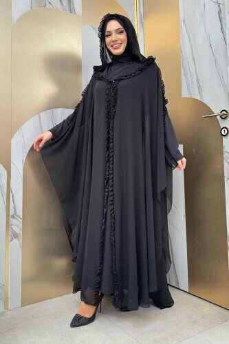 Hooded Certain Parts Frill Detailed Abaya Dress Evening Suit 3778 Black - 2