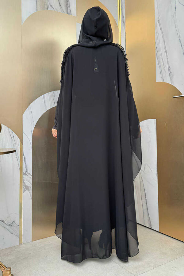 Hooded Certain Parts Frill Detailed Abaya Dress Evening Suit 3778 Black - 3