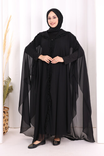 Hooded Certain Parts Frill Detailed Abaya Dress Evening Suit 3778 Black 