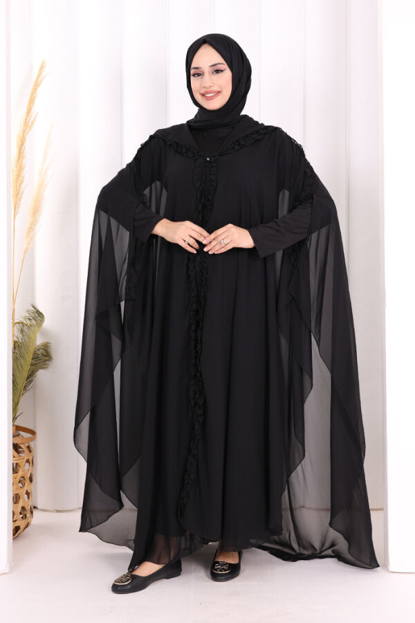 Hooded Certain Parts Frill Detailed Abaya Dress Evening Suit 3778 Black - 1
