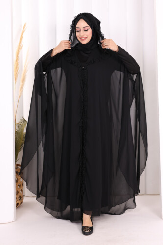 Hooded Certain Parts Frill Detailed Abaya Dress Evening Suit 3778 Black - 2