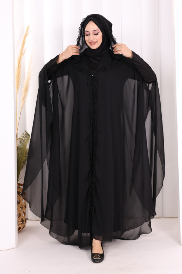 Hooded Certain Parts Frill Detailed Abaya Dress Evening Suit 3778 Black - 2