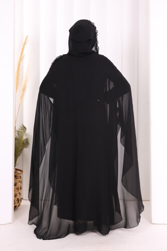 Hooded Certain Parts Frill Detailed Abaya Dress Evening Suit 3778 Black - 4