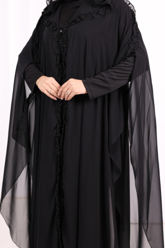 Hooded Certain Parts Frill Detailed Abaya Dress Evening Suit 3778 Black - 6