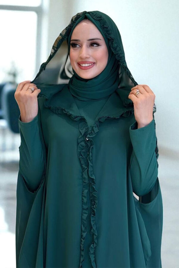 عباءة مكشكشة بأجزاء معينة مع غطاء للرأس فستان سهرة بدلة سهرة 3778 زمردي - 4